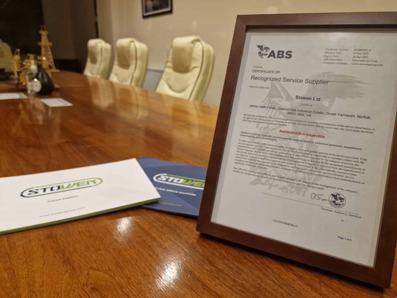Stowen Awarded ABS Accreditation for Non-Destructive Testing