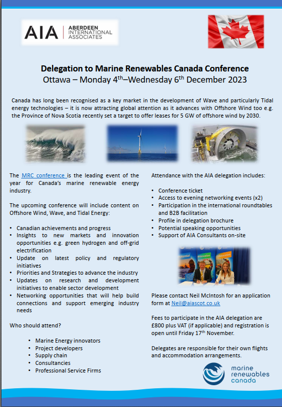 AIA - Delegation to Marine Renewables Canada Conference Ottawa – Monday 4th–Wednesday 6th December 2023